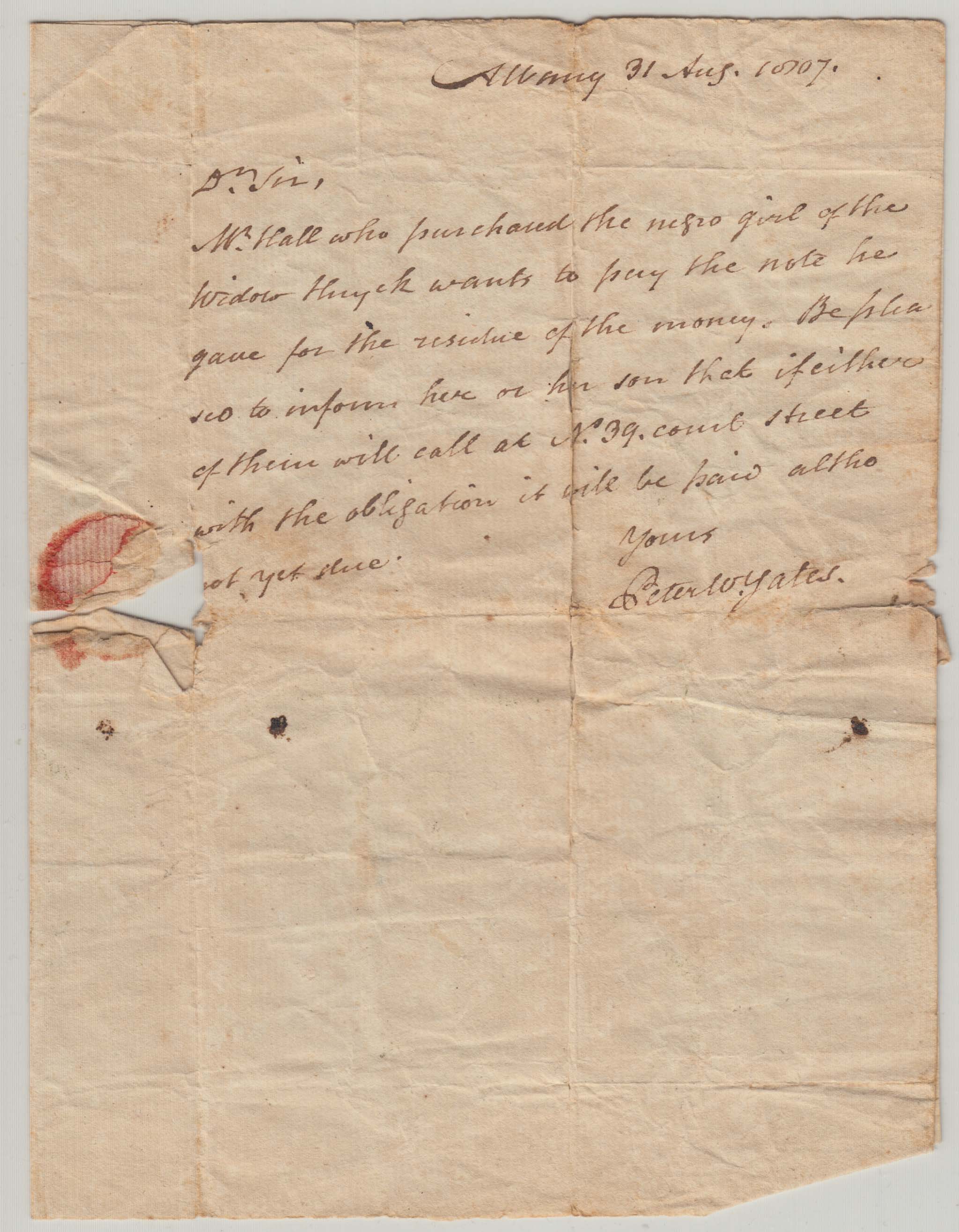 BH009 1807-08-31 Letter from Peter W. Yates to Dirck Gardenier re Note Due on Negro Girl Sold by Elizabeth Huyck